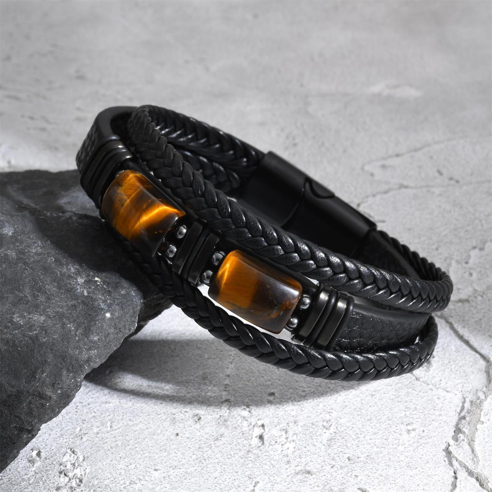 Leatherwork Jewelry - Мужской плетеный кожаный браслет с камнем